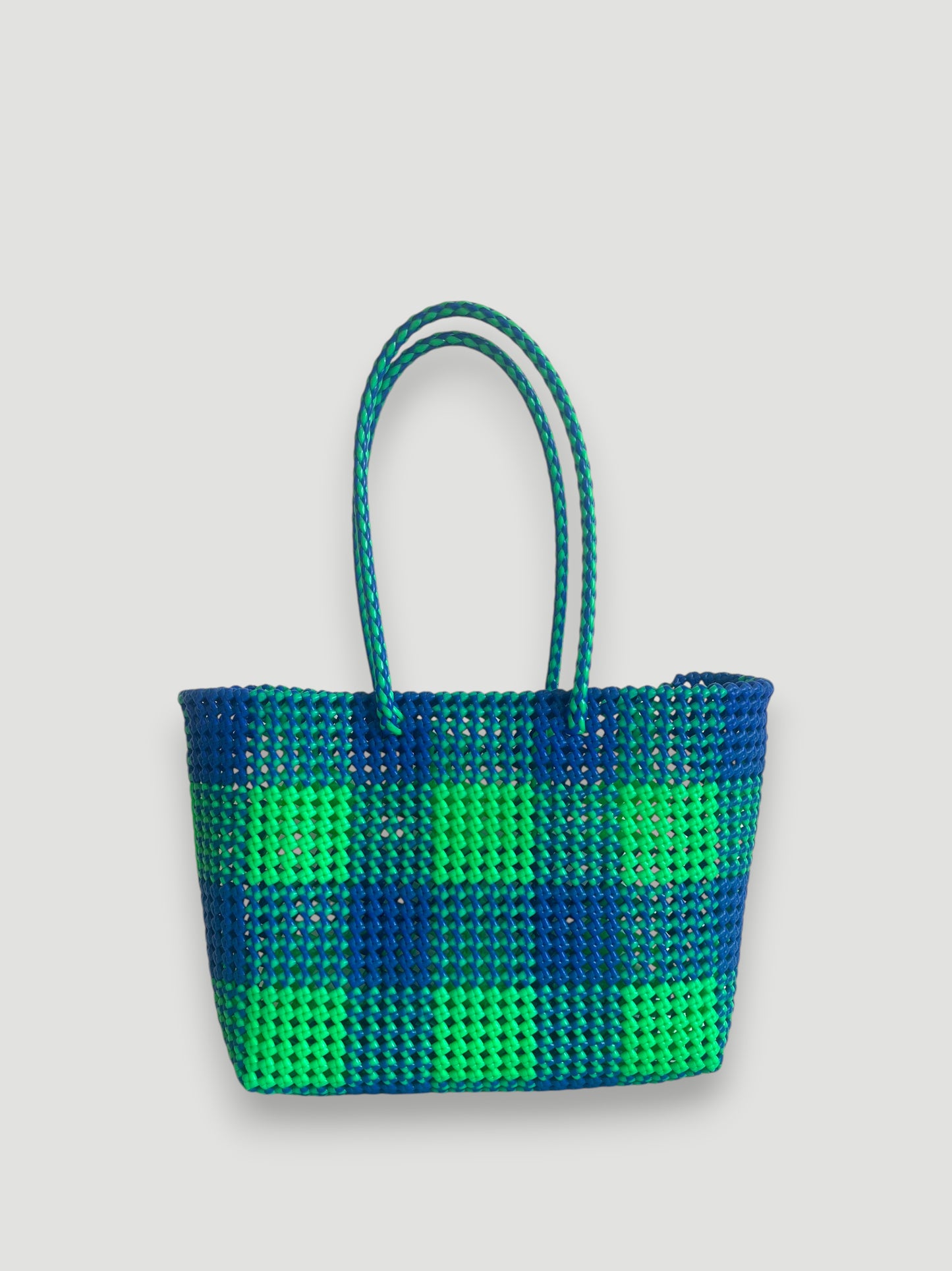 No. 49L - Handwoven basket bag - large - neon green &amp; dark blue