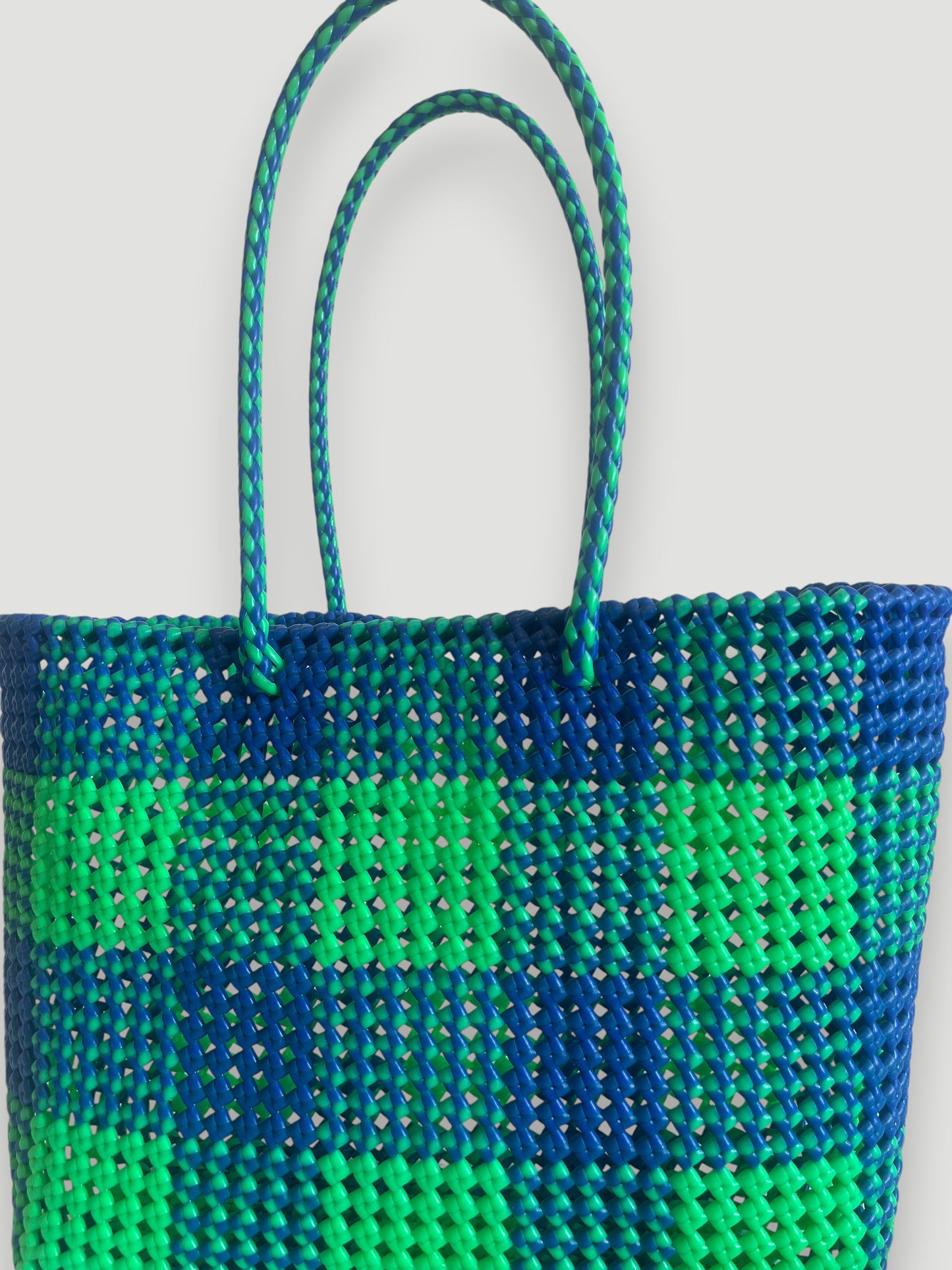 No. 49L - Handwoven basket bag - large - neon green &amp; dark blue