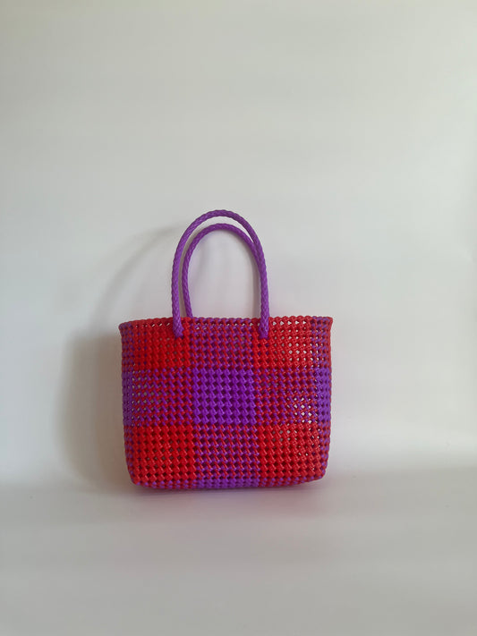 N°8M - SAC CABAS TRESSÉ MAIN - MOYEN - rouge & violet