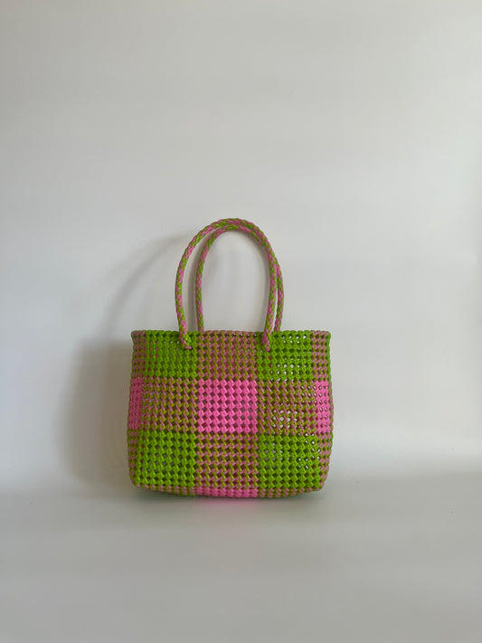 N°21M - SAC CABAS TRESSÉ MAIN - MOYEN - rose clair & vert clair