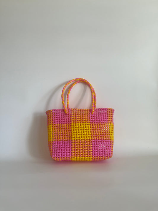 N°24M - SAC CABAS TRESSÉ MAIN - MOYEN - jaune & rose clair