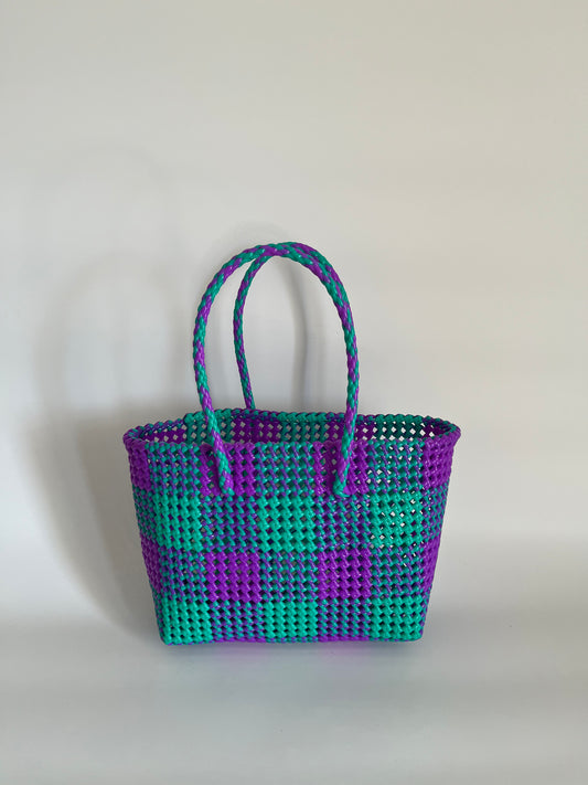N°3M - SAC CABAS TRESSÉ MAIN - MOYEN - turquoise & violet