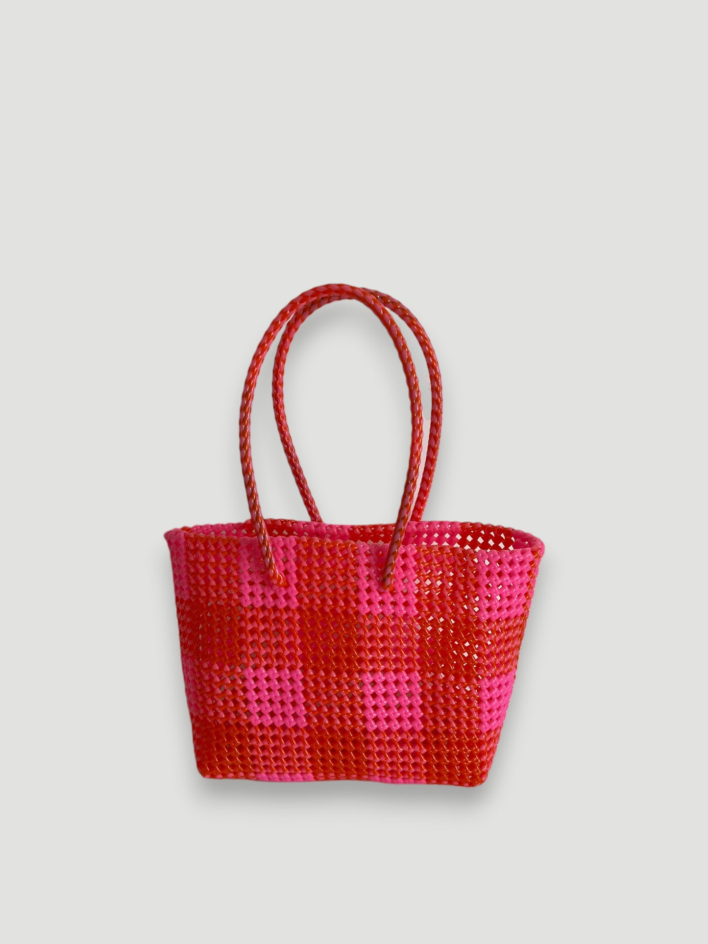 N°12M - SAC PANIER TRESSÉ MAIN - MOYEN - rose clair & rouge