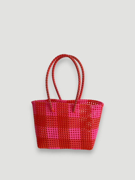 N°12M - SAC PANIER TRESSÉ MAIN - MOYEN - rose clair & rouge