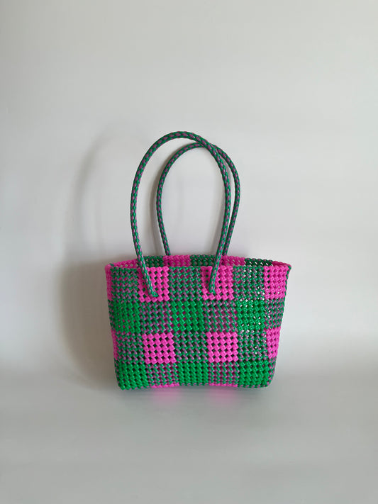 N°19M - SAC CABAS TRESSÉ MAIN - MOYEN - rose clair & vert