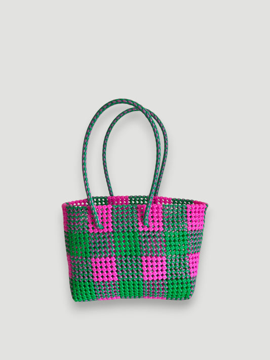 N°19M - SAC PANIER TRESSÉ MAIN - MOYEN - rose clair & vert