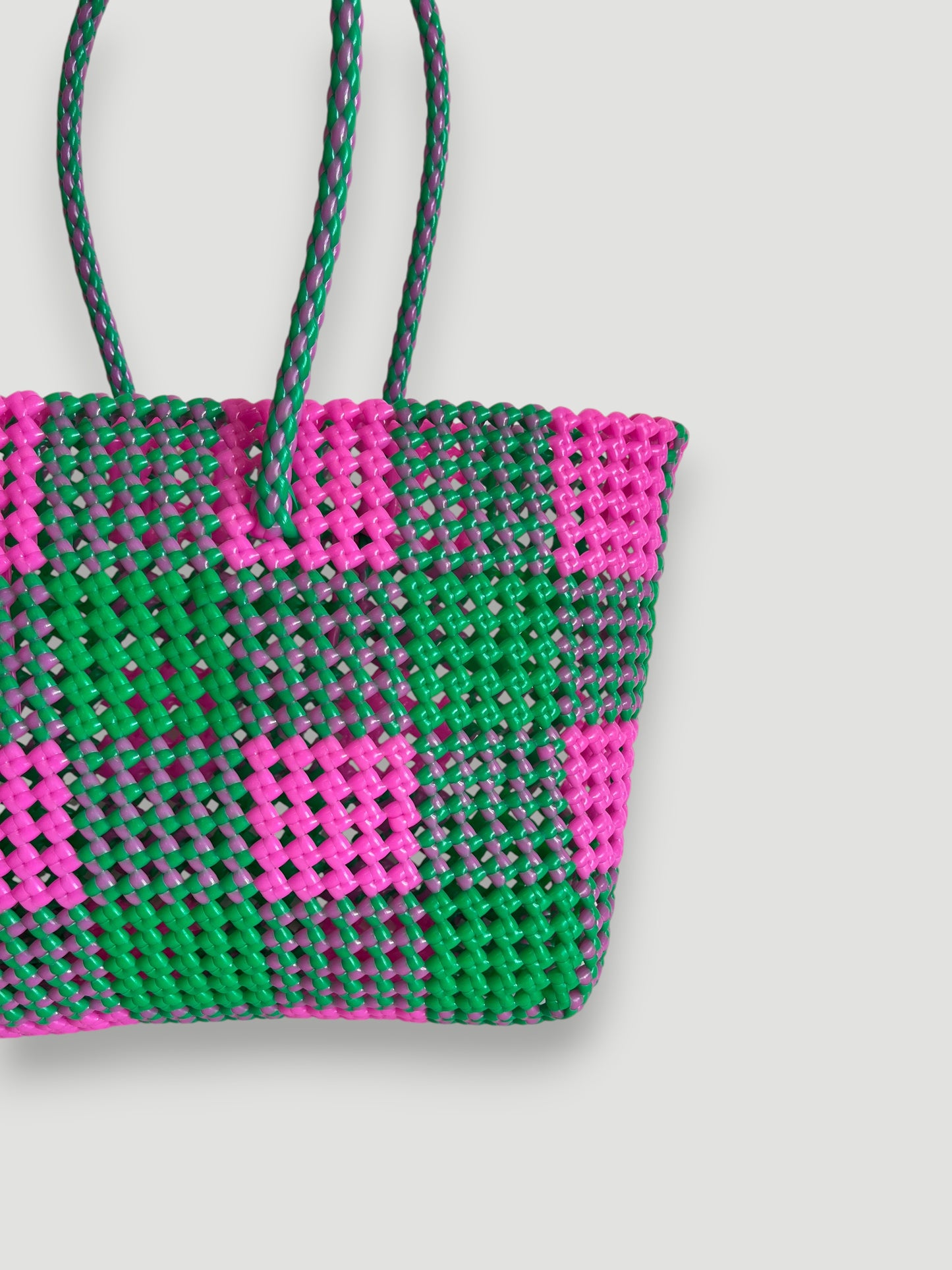 N°19M - SAC PANIER TRESSÉ MAIN - MOYEN - rose clair & vert