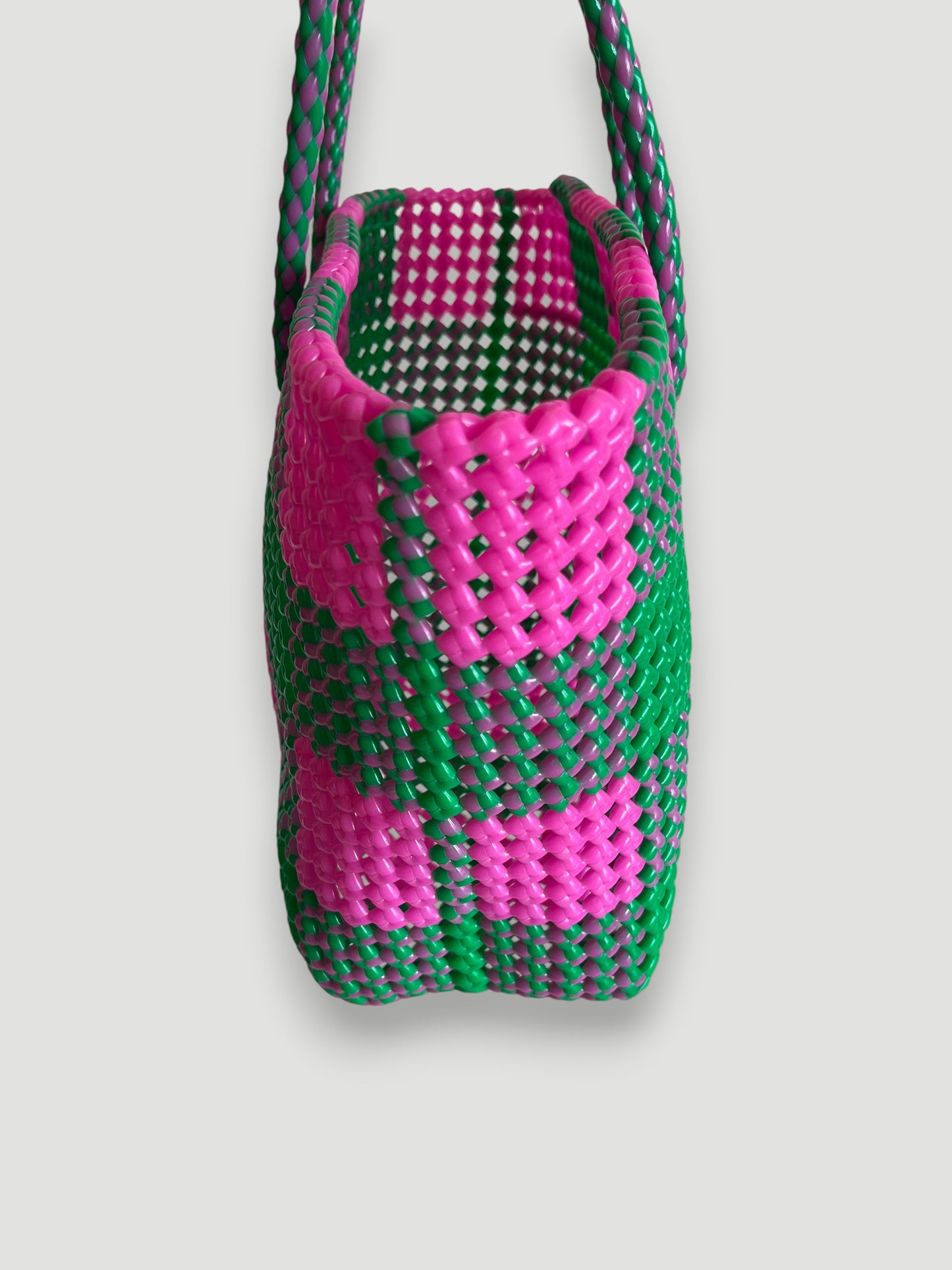 N°19M - SAC PANIER TRESSÉ MAIN - MOYEN - rose clair & vert
