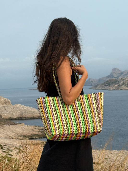 N°422L - SAC CABAS TRESSÉ MAIN - GRAND - multicolors