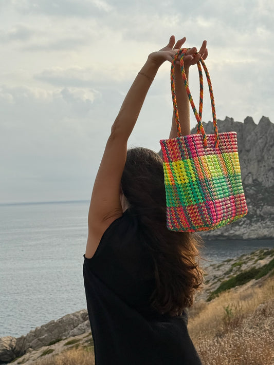 N°404L - SAC CABAS TRESSÉ MAIN - GRAND - multicolors