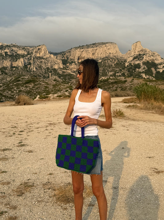 N°25SC - SAC PANIER CROCHET DAMIER L - GRAND - VIOLET & BLEU FONCE