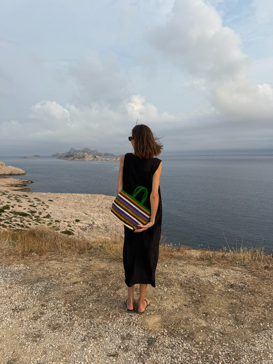 N°4SC - SAC PANIER CROCHET STRI M - MOYEN - multicolors