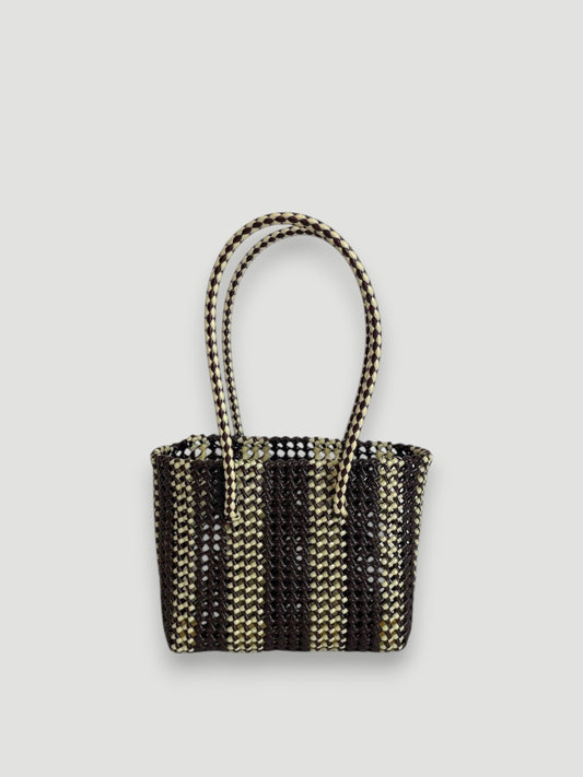 No. 181S - Hand-braided basket bag - small - brown &amp; cream