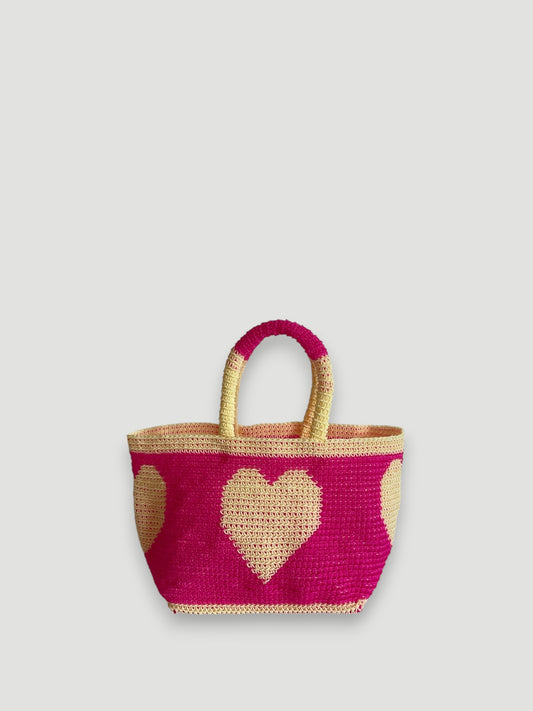 No. 27SC - CROCHET BASKET BAG - SMALL - neon pink &amp; cream