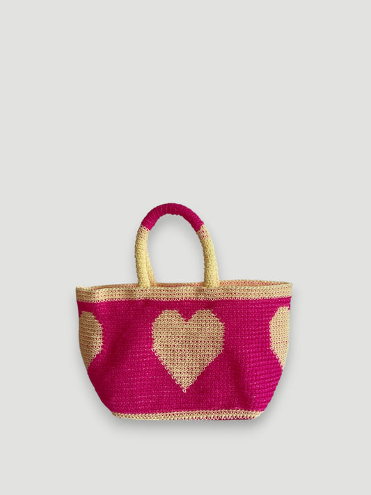 No. 27SC - CROCHET BASKET BAG - MEDIUM - neon pink &amp; cream