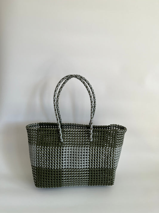 N°208L bis - SAC CABAS TRESSÉ MAIN - GRAND - kaki & argenté