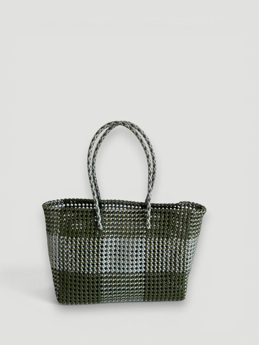 N°208L bis - SAC PANIER TRESSÉ MAIN - GRAND - kaki & argenté
