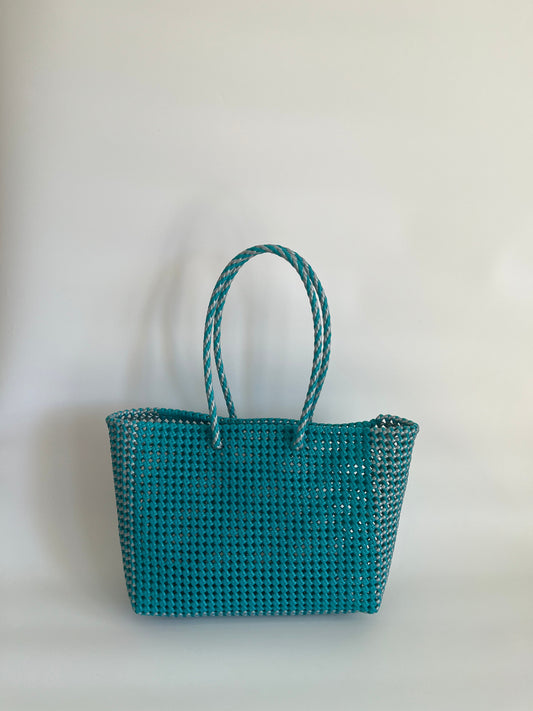 N°497L - SAC PANIER TRESSÉ MAIN - GRAND - turquoise & argenté