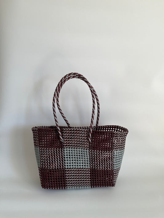 N°498L - SAC CABAS TRESSÉ MAIN - GRAND - bordeaux & argenté