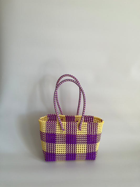 N°90M bis - SAC CABAS TRESSÉ MAIN - MOYEN - violet & crème