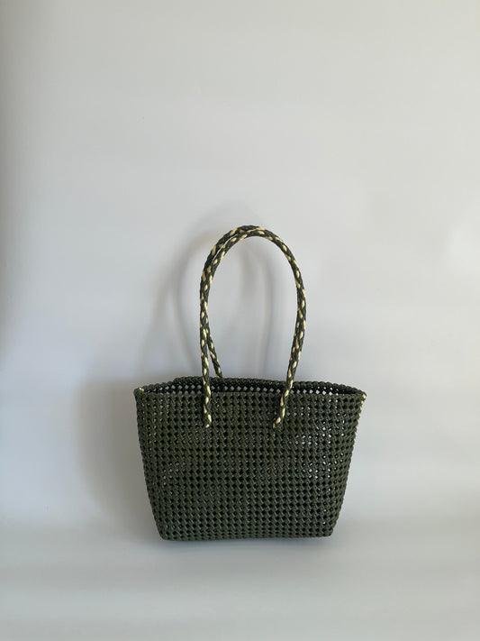 N°45M bis - SAC PANIER TRESSÉ MAIN - MOYEN - kaki & crème