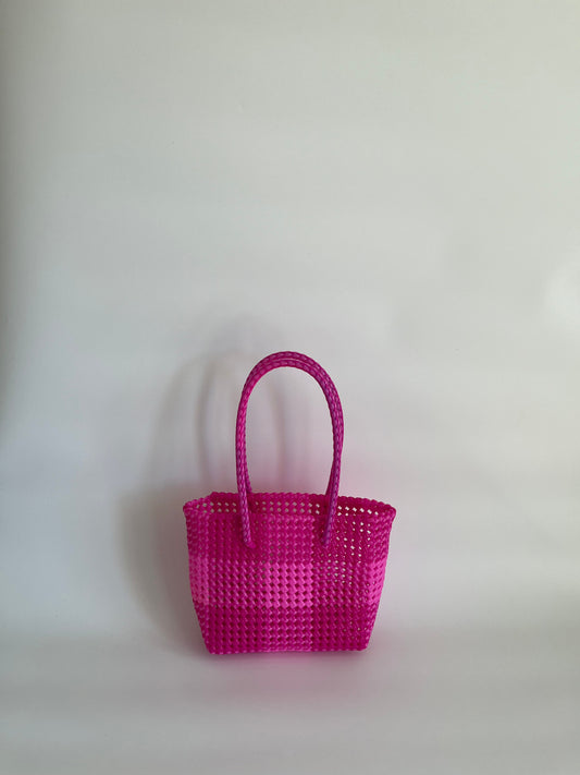 N°26S - SAC PANIER TRESSÉ MAIN - PETIT - rose foncé & rose clair