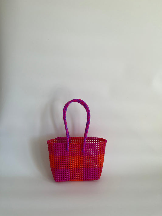 N°97S bis - SAC PANIER TRESSÉ MAIN - PETIT - rose foncé & orange