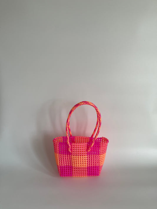 N°512S - SAC CABAS TRESSÉ MAIN - PETIT - orange métallique & rose fluo glacé