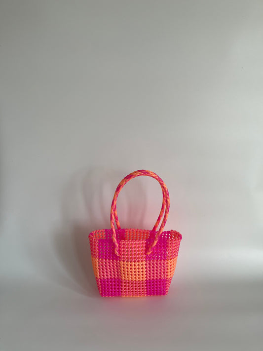 N°512S - SAC PANIER TRESSÉ MAIN - PETIT - orange métallique & rose fluo glacé