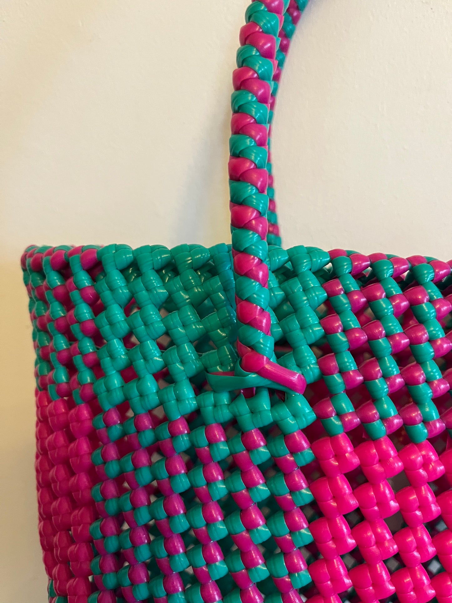 N°18S - SAC CABAS IMPARFAIT - PETIT - rose foncé & turquoise