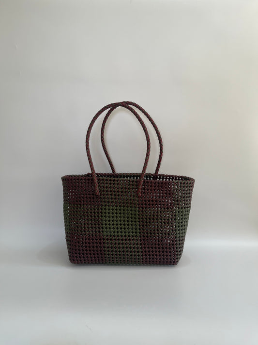No. 516L - Hand-woven basket bag - large - burgundy &amp; khaki