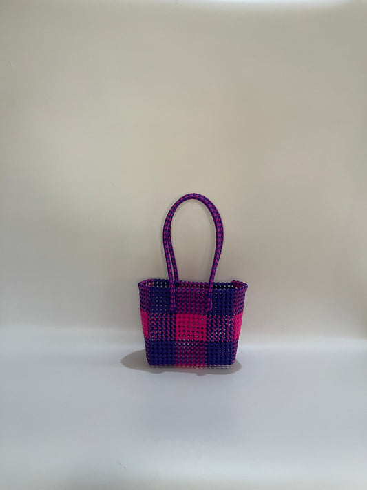 No. 12S - Hand-braided basket bag - small - dark blue &amp; neon pink