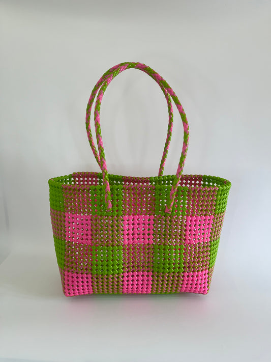 N°21L - SAC CABAS TRESSÉ MAIN - GRAND - rose clair & vert clair
