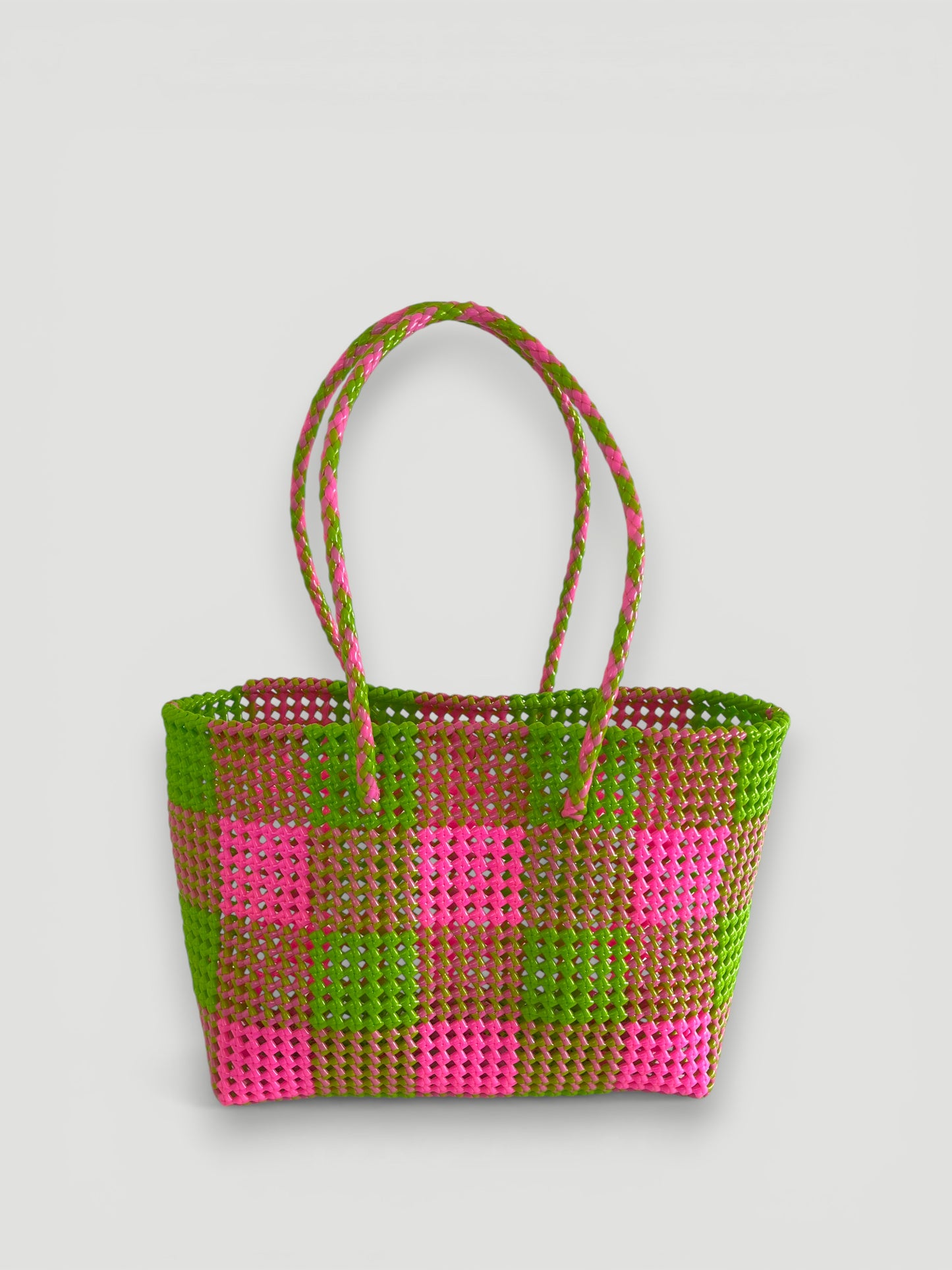N°21L - SAC PANIER TRESSÉ MAIN - GRAND - rose clair & vert clair