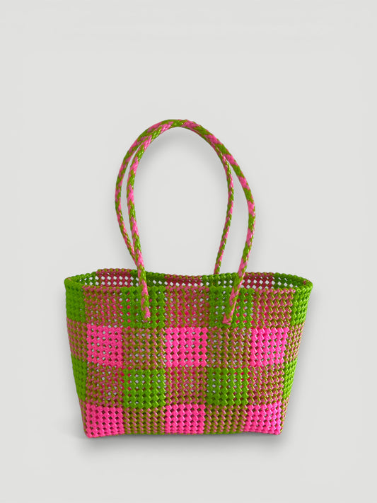 N°21L - SAC PANIER TRESSÉ MAIN - GRAND - rose clair & vert clair