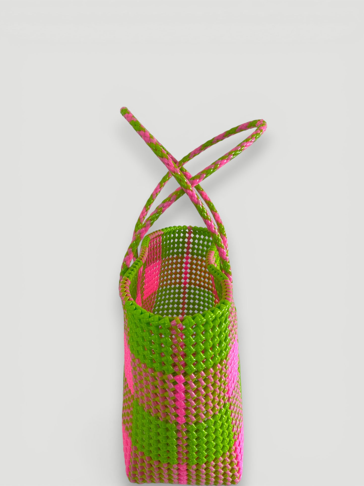 N°21L - SAC PANIER TRESSÉ MAIN - GRAND - rose clair & vert clair