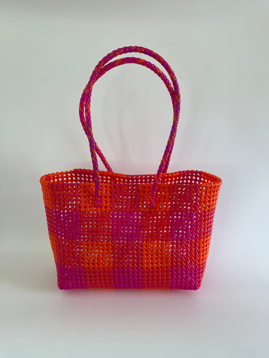 N°97L - SAC CABAS TRESSÉ MAIN - GRAND - rose foncé & orange