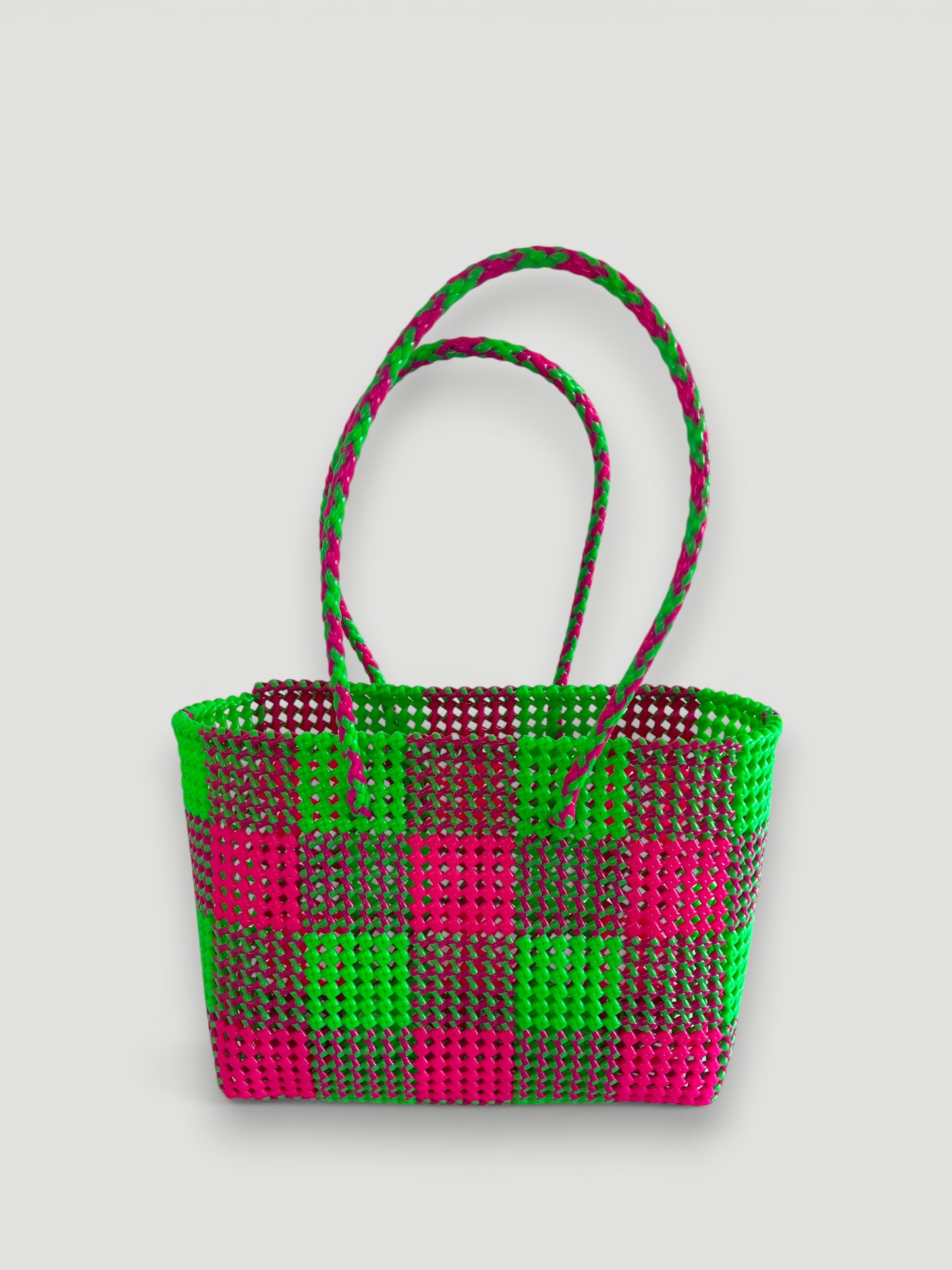 N°20L - SAC PANIER TRESSÉ MAIN - GRAND - vert fluo & rose fluo