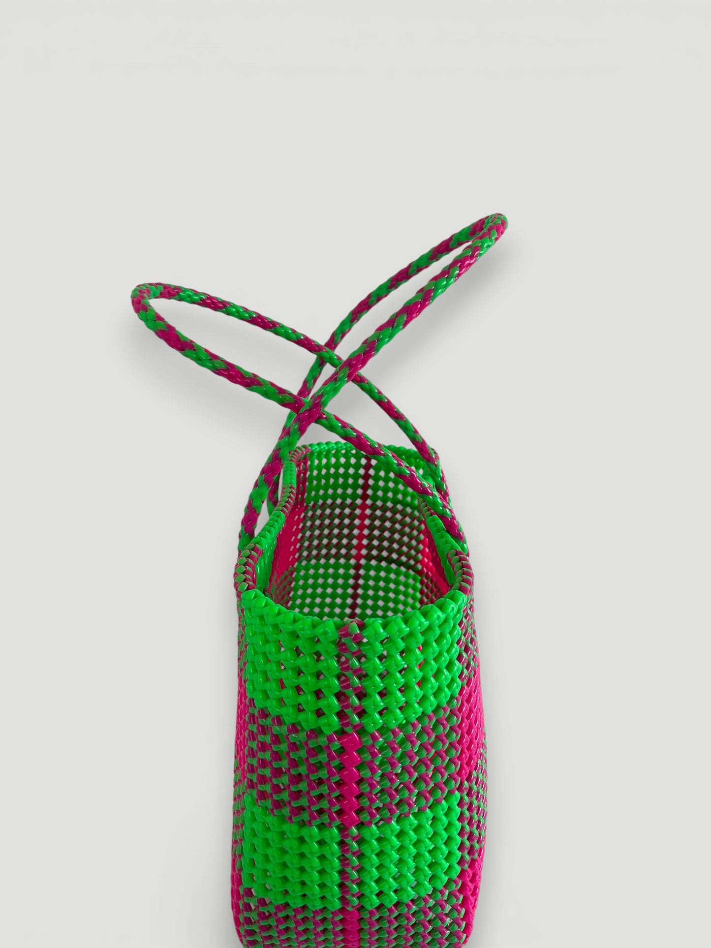 N°20L - SAC PANIER TRESSÉ MAIN - GRAND - vert fluo & rose fluo