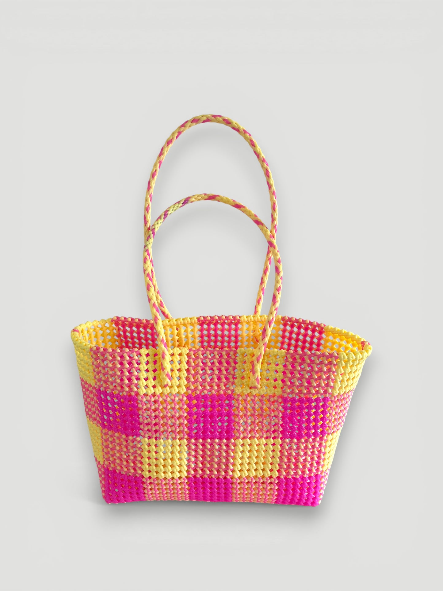 N°27L - SAC PANIER TRESSÉ MAIN - GRAND - crème & rose clair