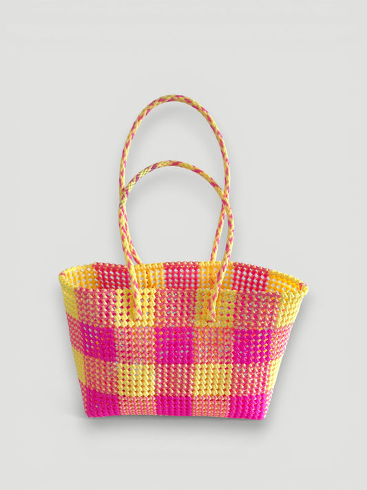 N°27L - SAC PANIER TRESSÉ MAIN - GRAND - crème & rose clair