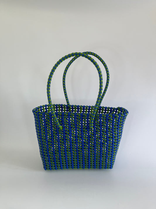 N°276M - SAC CABAS TRESSÉ MAIN - MOYEN - vert & bleu foncé