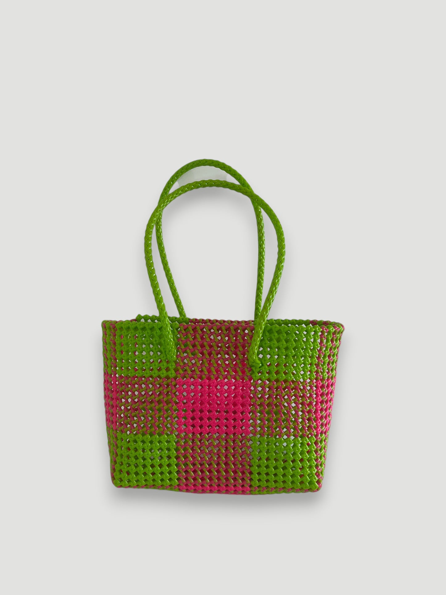 N°118M - SAC PANIER TRESSÉ MAIN - MOYEN - vert clair & rose fluo