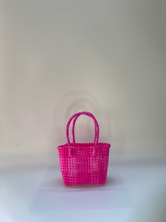 N°26XS - SAC CABAS TRESSÉ MAIN - MINI - rose clair & rose fluo