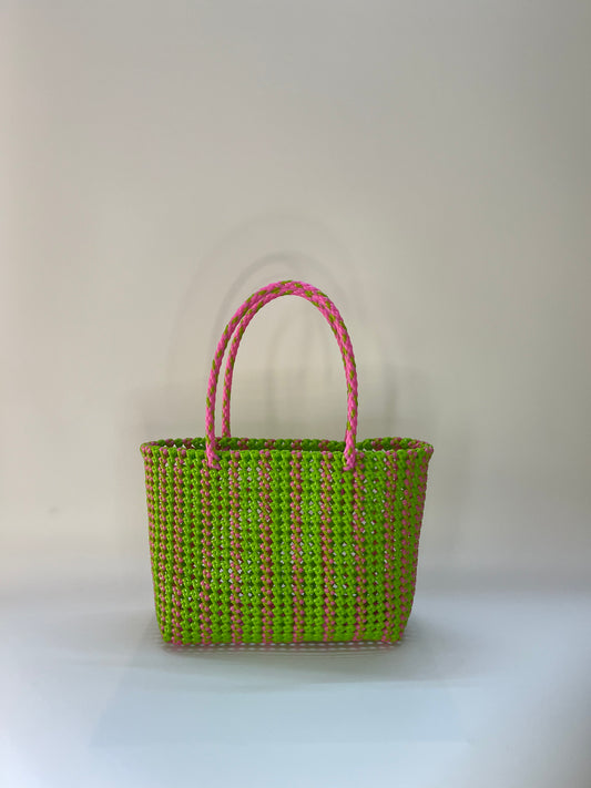 N°21M bis - SAC CABAS TRESSÉ MAIN - MOYEN - vert clair & rose clair
