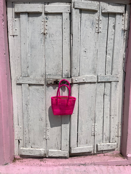 N°98XS - SAC CABAS TRESSÉ MAIN - MINI - rose foncé & rose fluo