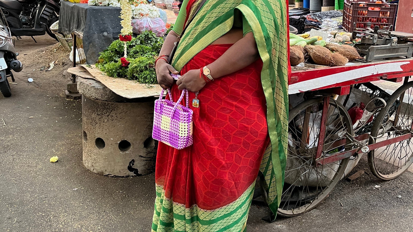 N°68XS - SAC PANIER TRESSÉ MAIN - MINI - violet & écru
