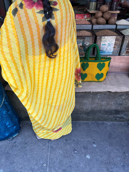 N°11SC - SAC PANIER CROCHET COEUR M - MOYEN - vert & jaune
