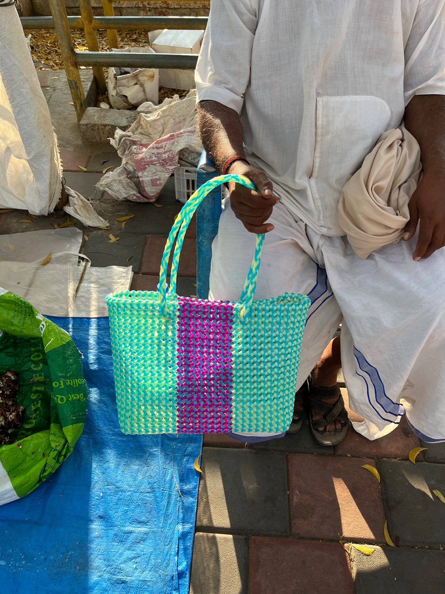 N°170M - SAC CABAS TRESSÉ MAIN - MOYEN - multicolors
