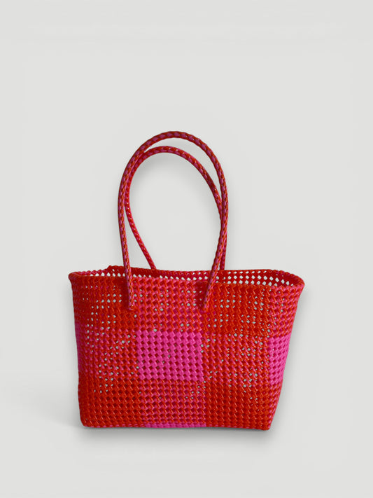 No. 12L bis - Hand-woven basket bag - large - light pink &amp; red